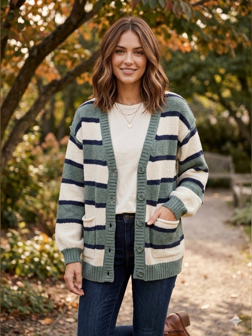 Abound Oversize Boyfriend Cardigan XS Green-Cream Stripe Relaxed fit